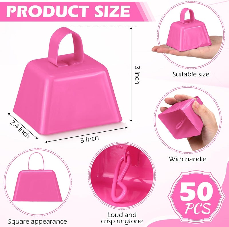 Lukmaa 50 Pack Metal Cowbells Bulk 3 x 2.4 x 3 Inch Cow Bells with Handle Novelty Noise Maker for Sporting Events Cheering Team Spirit Weddings Graduation Baseball Football Game Party (Pink) - Image 2